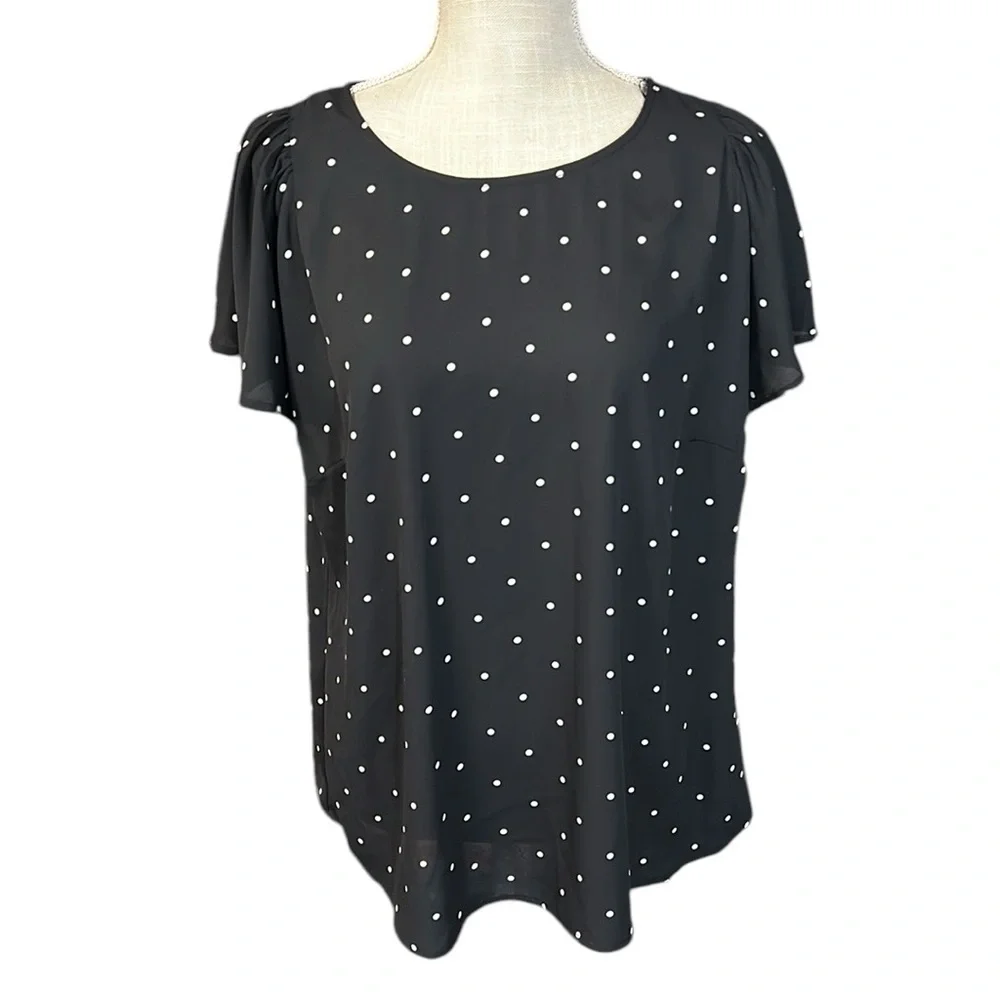 CeCe Short Sleeve Blouse Shirt Top Black White Polka Dot Womens Size L - Picture 1 of 8